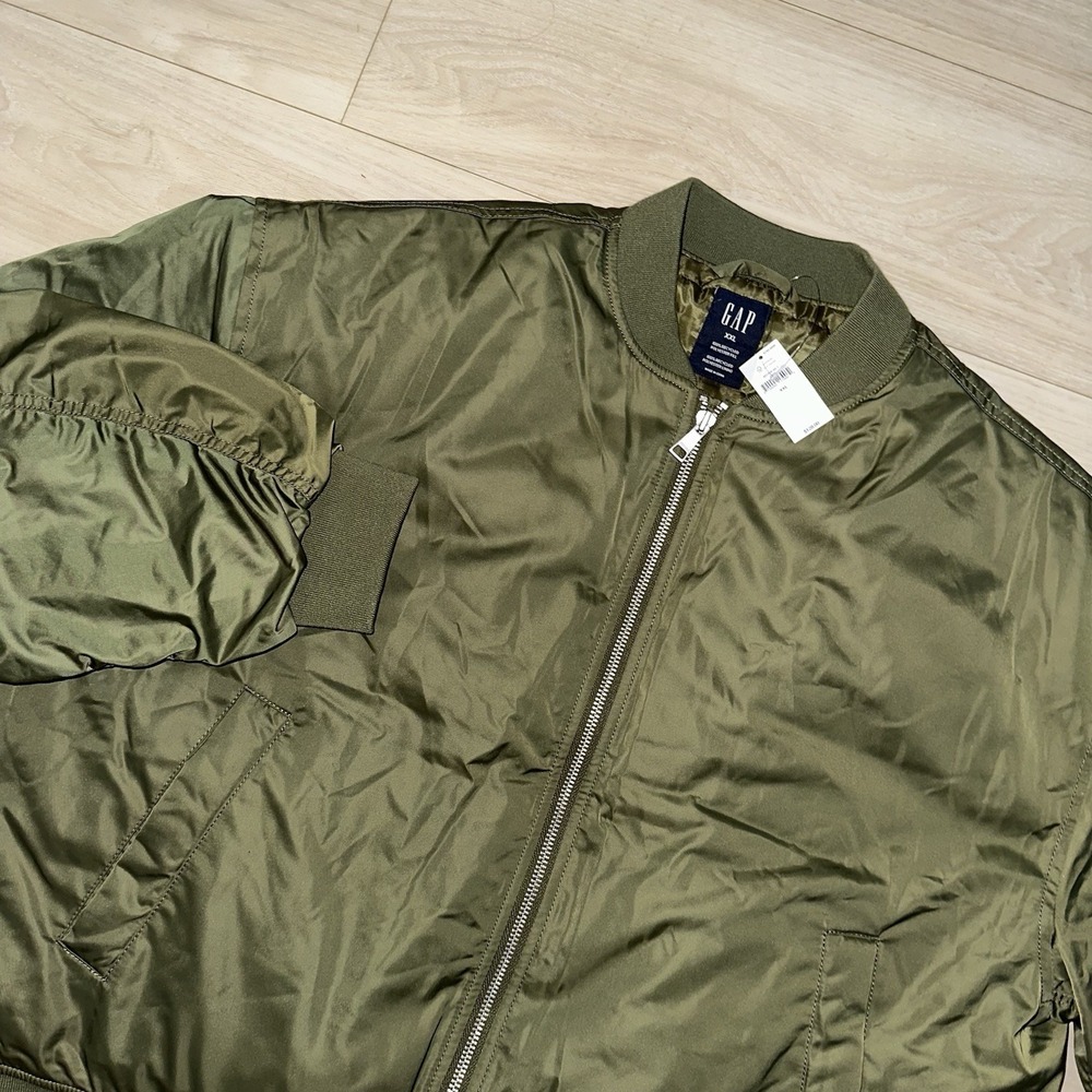Gap Full Zip Crew Neck Lined Bomber Jacket Mens‎ XXL Green Satin POLYESTER NEW